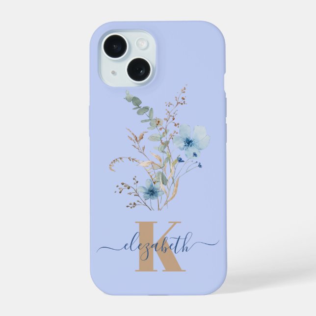 rustic dusty Blue watercolor flower bouquet iPhone 15 Hülle (Rückseite)