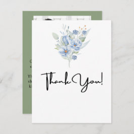 rustic dusty blue watercolor flowers & leaves dankeskarte