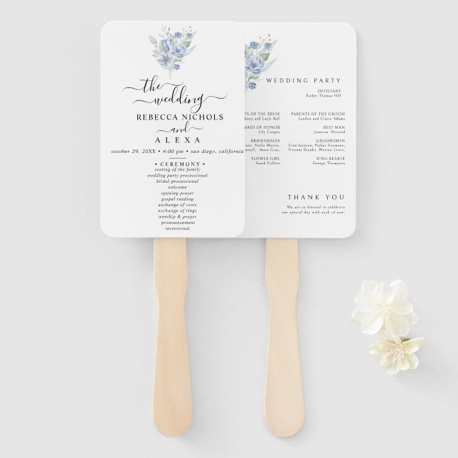 rustic dusty blue watercolor flowers & leaves fächer (Vorne und Hinten)