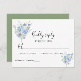 rustic dusty blue watercolor flowers & leaves RSVP karte