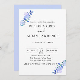 rustic dusty blue watercolor-style flower & leaves einladung