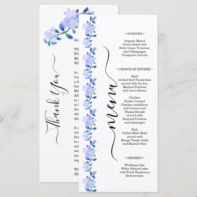 rustic dusty blue watercolor-style flower & leaves menükarte (Vorne/Hinten)