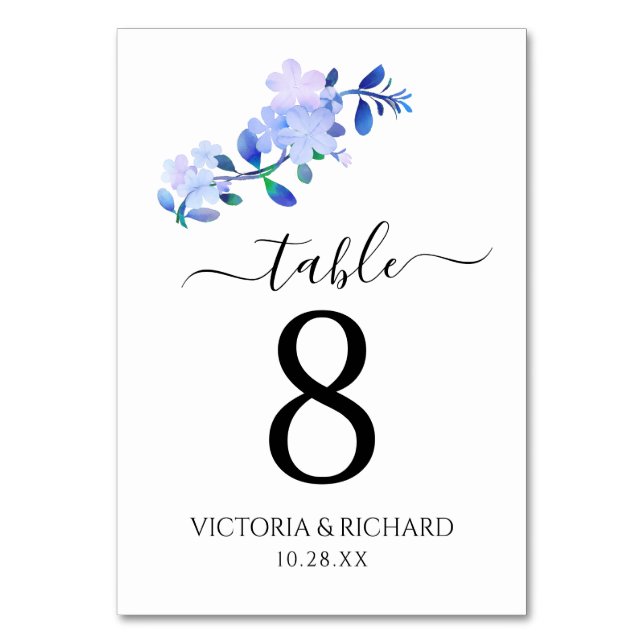 rustic dusty blue watercolor-style flower & leaves tischnummer (Vorderseite)