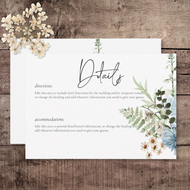 Rustic Dusty Blue Wildblumen & Daisies Details Begleitkarte (Rustic Dusty Blue Wildflowers & Daisies Wedding Details Card)