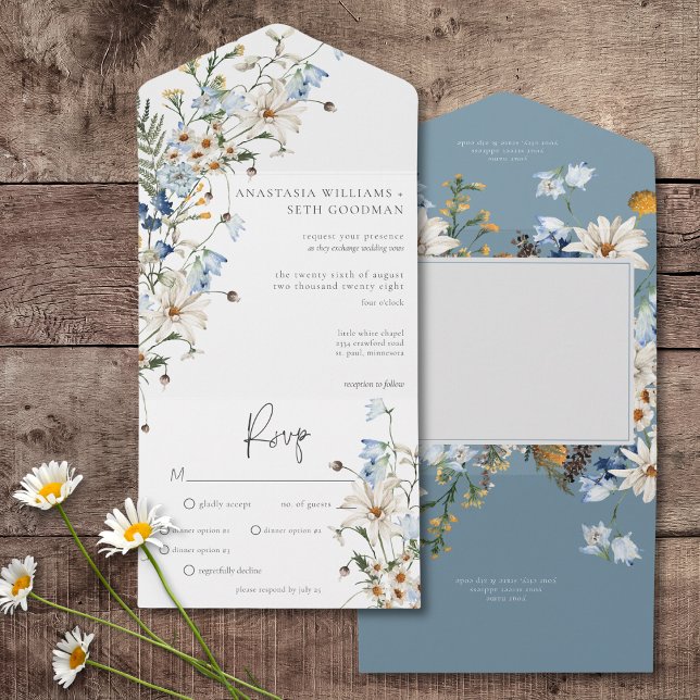Rustic Dusty Blue Wildblumen & Daisies Dinner All In One Einladung (Rustic Dusty Blue Wildflowers & Daisies All In One Wedding Invitation with Dinner Options)