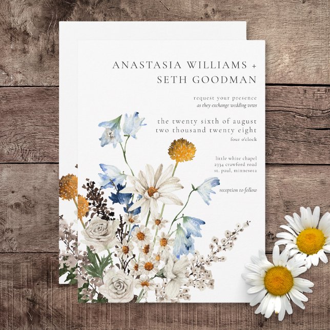 Rustic Dusty Blue Wildblumen & Daisies Einladung (Rustic Dusty Blue Wildflowers & Daisies Wedding Invitation)