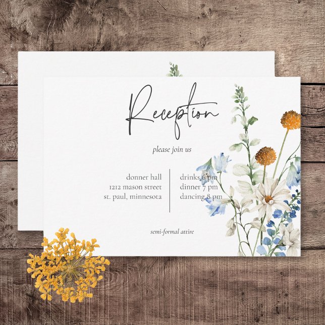 Rustic Dusty Blue Wildblumen & Daisies Empfang Begleitkarte (Rustic Dusty Blue Wildflowers & Daisies Wedding Reception Card)