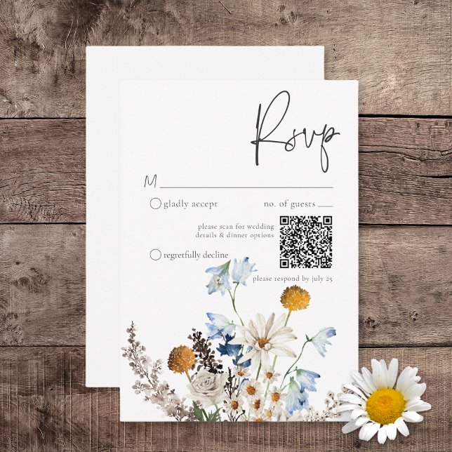 Rustic Dusty Blue Wildblumen & Daisies QR Code RSVP Karte (Von Creator hochgeladen)
