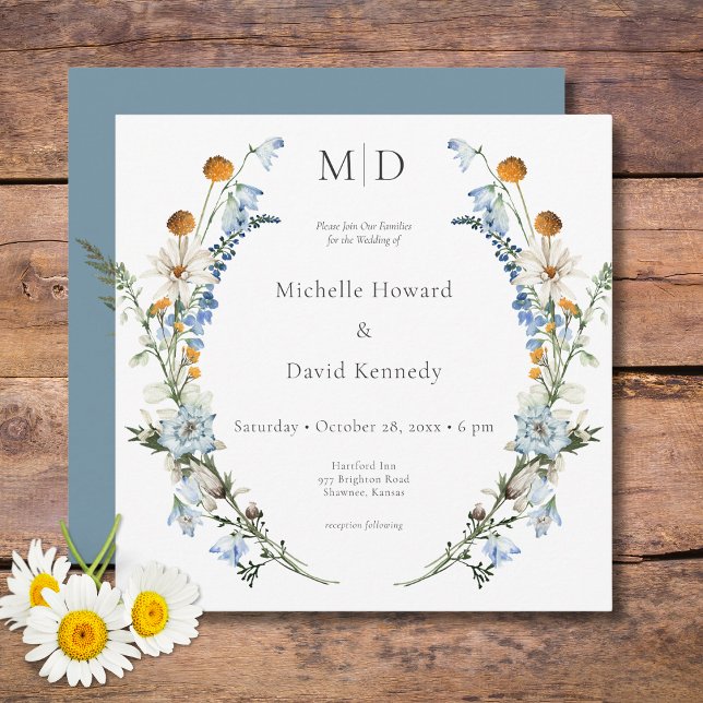 Rustic Dusty Blue Wildblumen & Daisies Square Einladung (Rustic Dusty Blue Wildflowers & Daisies Square Wedding Invitation)