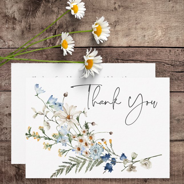 Rustic Dusty Blue Wildblumen & Daisies Wedding Dankeskarte (Rustic Dusty Blue Wildflowers & Daisies Wedding Thank You Card)