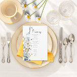 Rustic Dusty Blue Wildblumen & Daisies Wedding Menükarte<br><div class="desc">Entdecken Sie den Inbegriff von rustikaler Eleganz mit unserem rustikalen Hochzeitsmenü, wo zeitlose Schönheit und die zarte Gnade der Natur aufeinander treffen. Vor einer unberührten, weißen Kulisse entsteht ein handgemaltes Aquarellbouquet, das eine harmonische Mischung aus staubblauen und weich gelben Wildblumen sowie die Reinheit der weißen Molkereien und Rose zeigt. Als...</div>