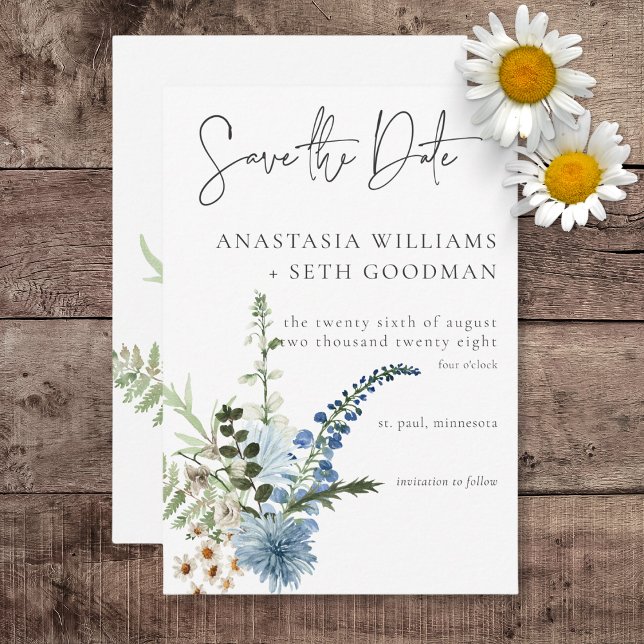 Rustic Dusty Blue Wildblumen & Daisies Wedding Save The Date (Rustic Dusty Blue Wildflowers & Daisies Wedding Save the Date Card)