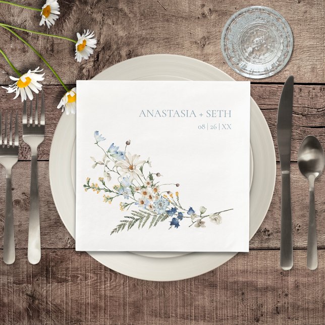 Rustic Dusty Blue Wildblumen & Daisies Wedding Serviette (Rustic Dusty Blue Wildflowers & Daisies Wedding Dinner Napkin)