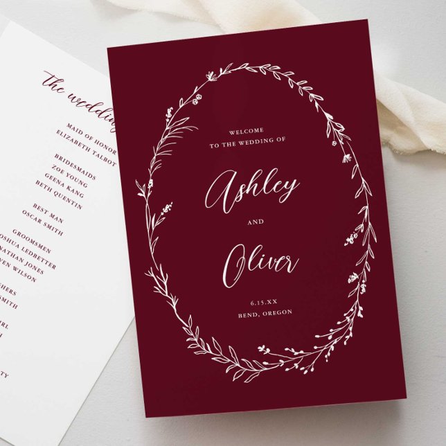 Rustic Dusty Burgundy Wildblume Wreath Wedding Programm (Von Creator hochgeladen)
