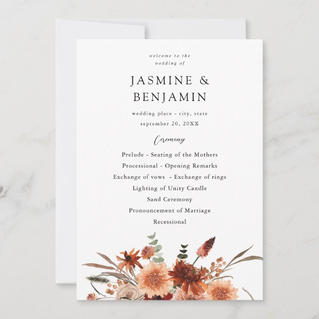 Rustic Earth & Champagne Florals Hochzeitsprogramm Einladung (Vorderseite)