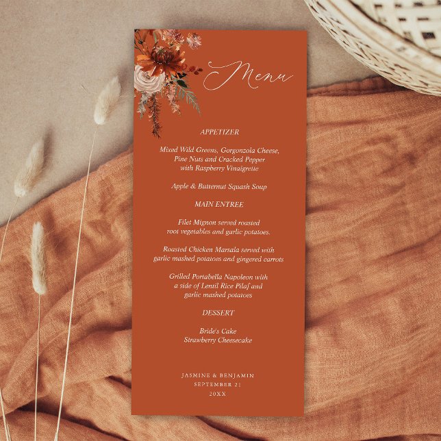 Rustic Earth & Champagne Florals - Terracotta Menu Menükarte (Von Creator hochgeladen)