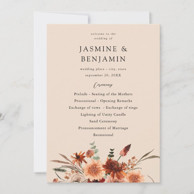 Rustic Earth & Champagne Florals Wedding Program B Einladung (Vorderseite)