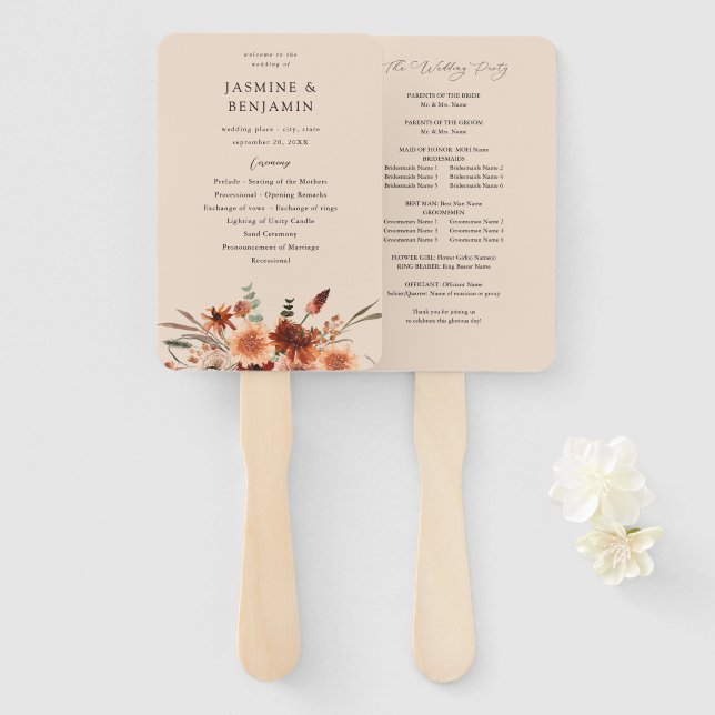 Rustic Earth & Champagne Florals Wedding Program B Fächer (Vorne und Hinten)