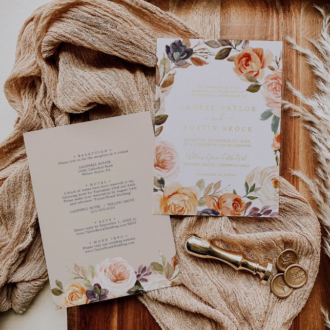 Rustic Earth Florals Gold Foil auf einer Hochzeit Folieneinladung (Von Creator hochgeladen)