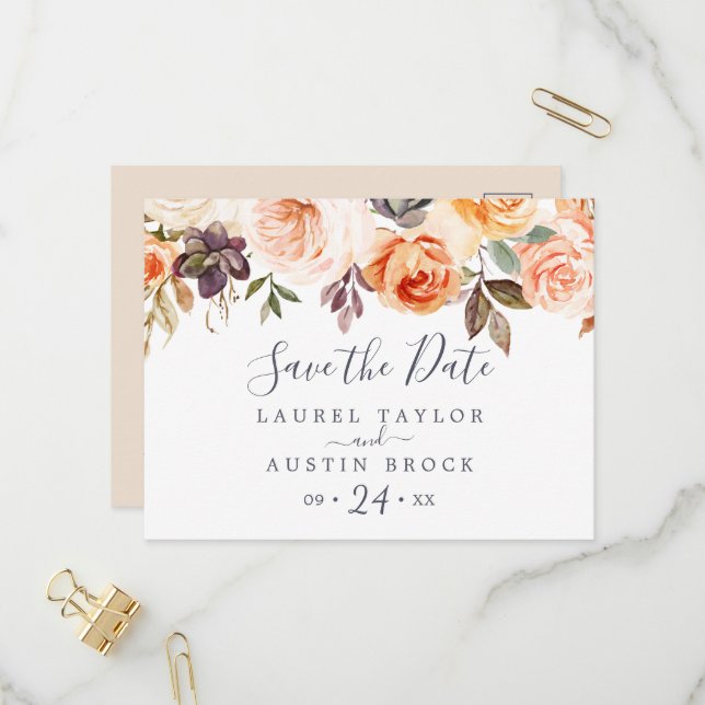 Rustic Earth Florals Save the Date Postkarte (Vorderseite/Rückseite Beispiel)
