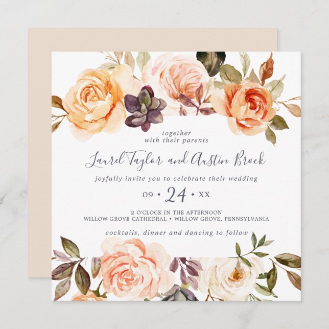 Rustic Earth Florals Square Wedding Einladung (Vorne/Hinten)