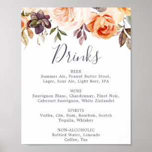 Rustic Earth Florals Wedding Drinks Menü Zeichen Poster