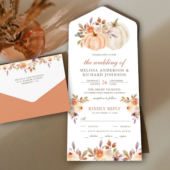 Rustic Earthy Dusty Peach Floral Pumpkin Wedding All In One Einladung (Von Creator hochgeladen)