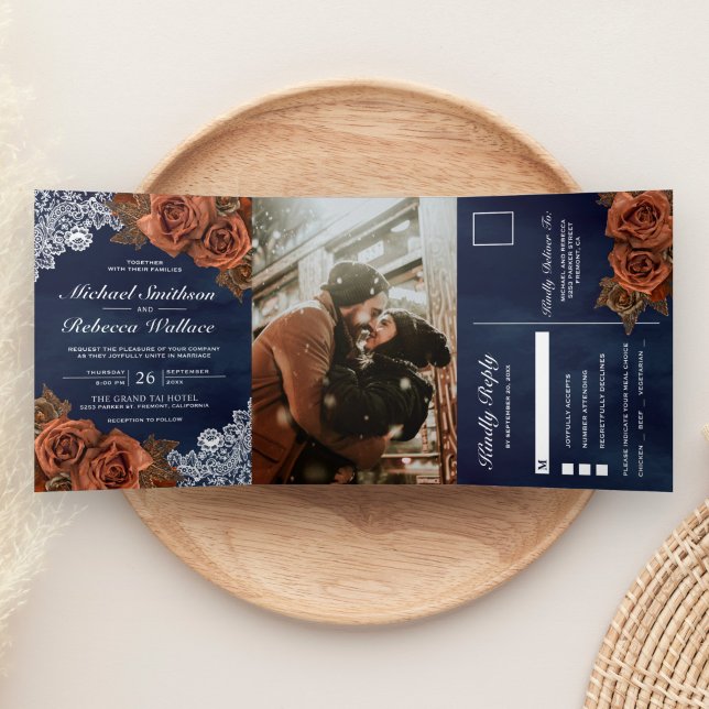 Rustic Earthy Dusty Terracotta Rose Navy Hochzeit Dreifach Gefaltete Einladung (Von Creator hochgeladen)