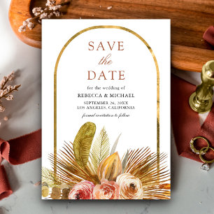 Rustic Earthy Floral Arch Gold Boho Wedding Save The Date