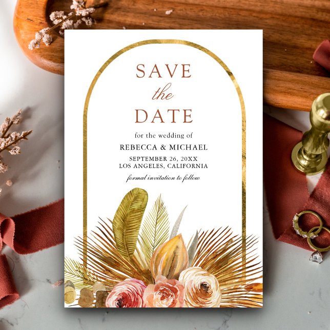 Rustic Earthy Floral Arch Gold Boho Wedding Save The Date (Von Creator hochgeladen)