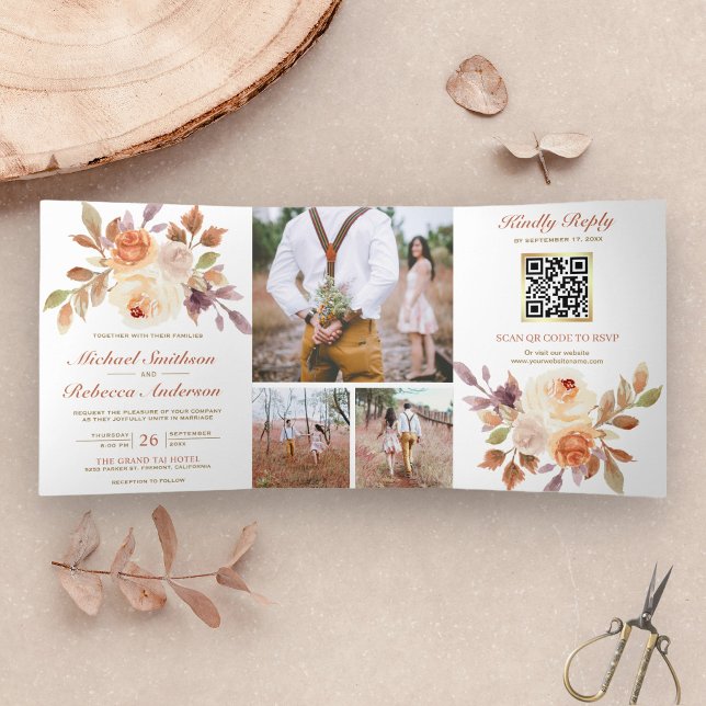 Rustic Earthy Ivory Floral Foto QR Code Wedding Dreifach Gefaltete Einladung (Von Creator hochgeladen)