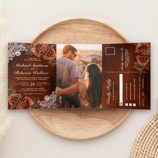 Rustic Earthy Orange Dusty Terracotta Rose Wedding Dreifach Gefaltete Einladung (Von Creator hochgeladen)
