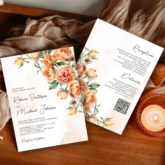 Rustic Earthy Peach Floral QR Code Hochzeit Einladung (Von Creator hochgeladen)