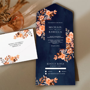 Rustic Earthy Terracotta Floral Navy Blue Wedding All In One Einladung