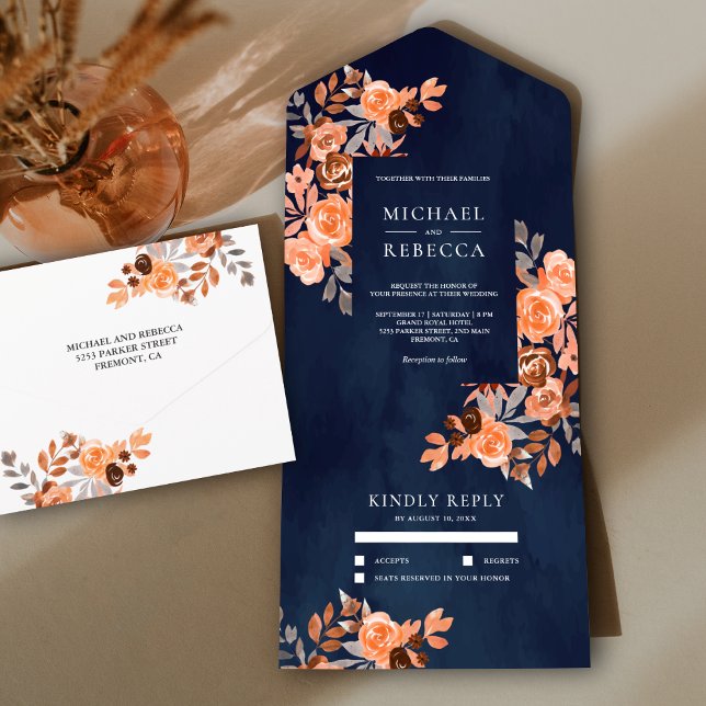 Rustic Earthy Terracotta Floral Navy Blue Wedding All In One Einladung (Von Creator hochgeladen)