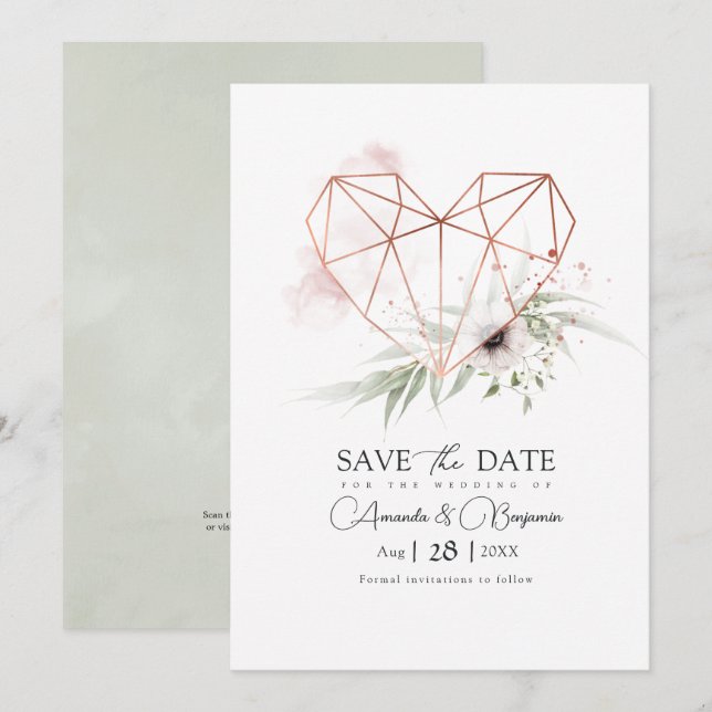 Rustic Elegance Geometric Heart QR Code Save The Date (Vorne/Hinten)