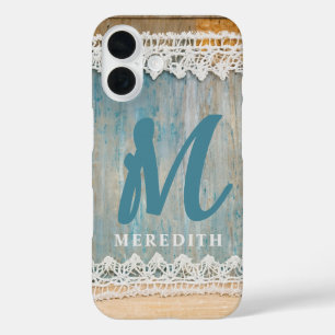 Rustic Elegance Monogram Burlap Lace Barnwood iPhone 16 Hülle