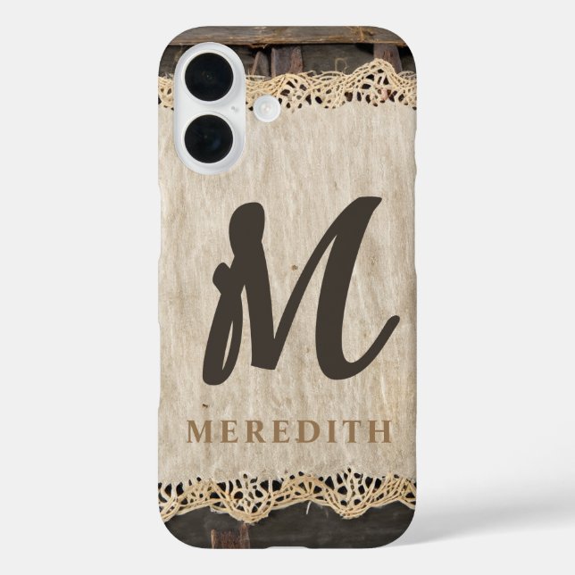 Rustic Elegance Monogram Burlap Lace Barnwood Case-Mate iPhone Hülle (Rückseite)