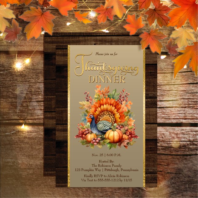 Rustic Elegance Pumpkin Floral | Erntedank Einladung (Rustic Elegance Pumpkin Floral and Faux Wood Thanksgiving Dinner Invitation)