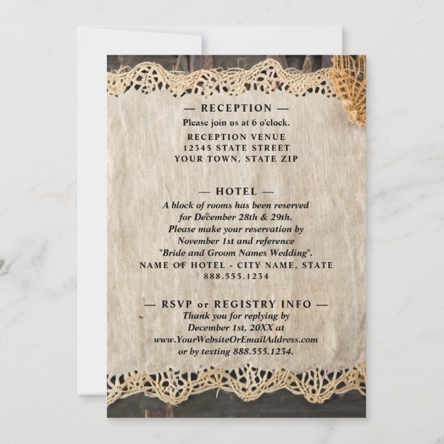 Rustic Elegance Wedding Burlap Lace Barnwood Einladung (Rückseite)