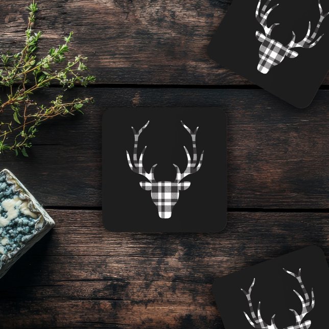 Rustic Elegant Christmas Plaid Deer  Getränkeuntersetzer (elegant chic black plaid deer coaster )