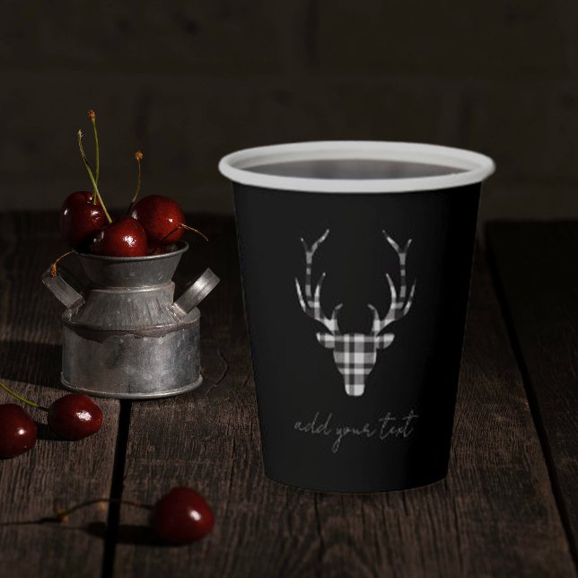 Rustic Elegant Christmas Plaid Deer Pappbecher (chic black paper cup for christmas party. black plaid deer design)