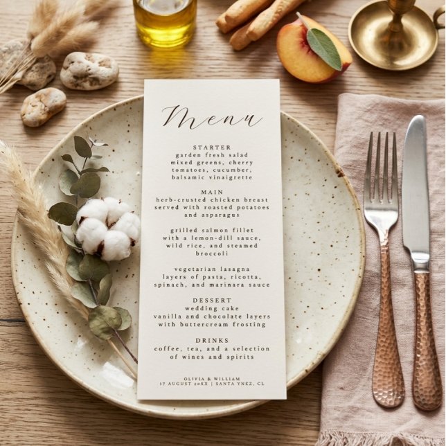 Rustic Elegant Script Wedding Reception Dinner  Menükarte (Von Creator hochgeladen)