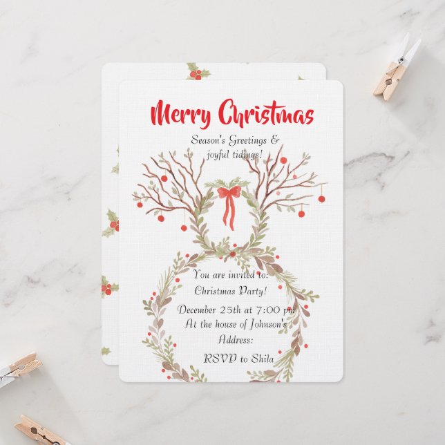 Rustic elegant watercolour Christmas invite cards Einladung (Vorderseite/Rückseite Beispiel)