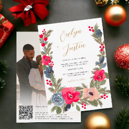 Rustic Elegant Winter Floral photo Qr code Wedding Einladung