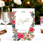 Rustic Elegant Winter Floral red green  Tischnummer<br><div class="desc">Infuse a touch of winter's enchantment into your wedding tables using our Rustic Elegant Winter Floral Table Number Card. This exquisite design captures the essence of the season, showcasing a hand-painted watercolor frame adorned with a graceful blend of red flowers, soothing dusty blue hues, and verdant green pine branches. It...</div>