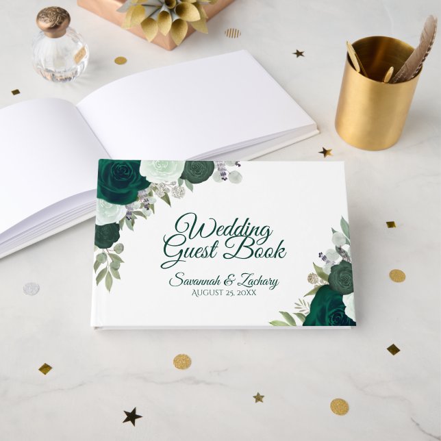 Rustic Emerald Green Elegant Floral Boho Wedding Gästebuch (Vorderseite Offen)