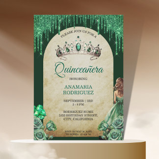 Rustic Emerald Green Tiara Quinceañera Rose Arch Einladung
