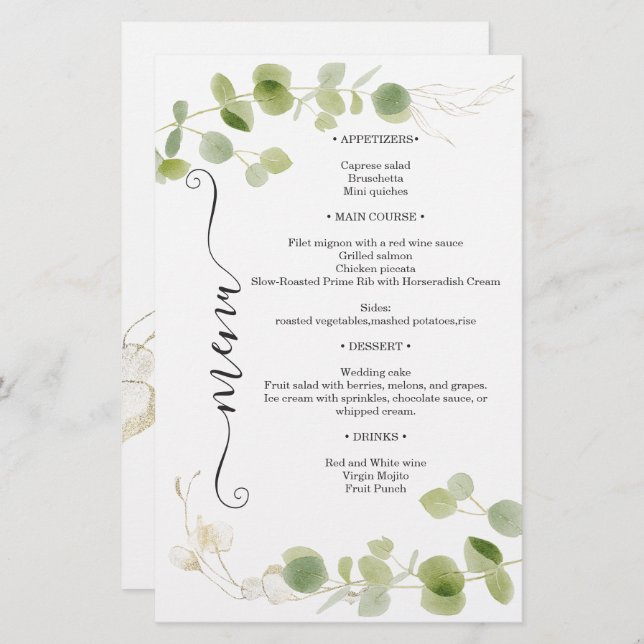 Rustic Eucalyptus Greenery Gold Chic Wedding Menu (Vorne/Hinten)