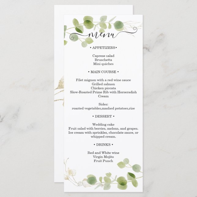 Rustic Eucalyptus Greenery Gold Wedding Reception Menükarte (Vorne/Hinten)